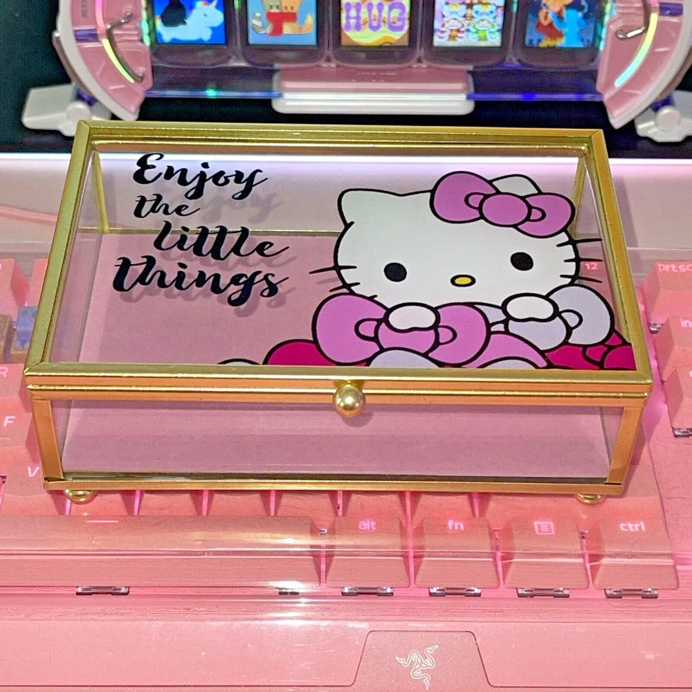 Hello Kitty Glass Jewelry Box Pink Lined Bottom Gold 6